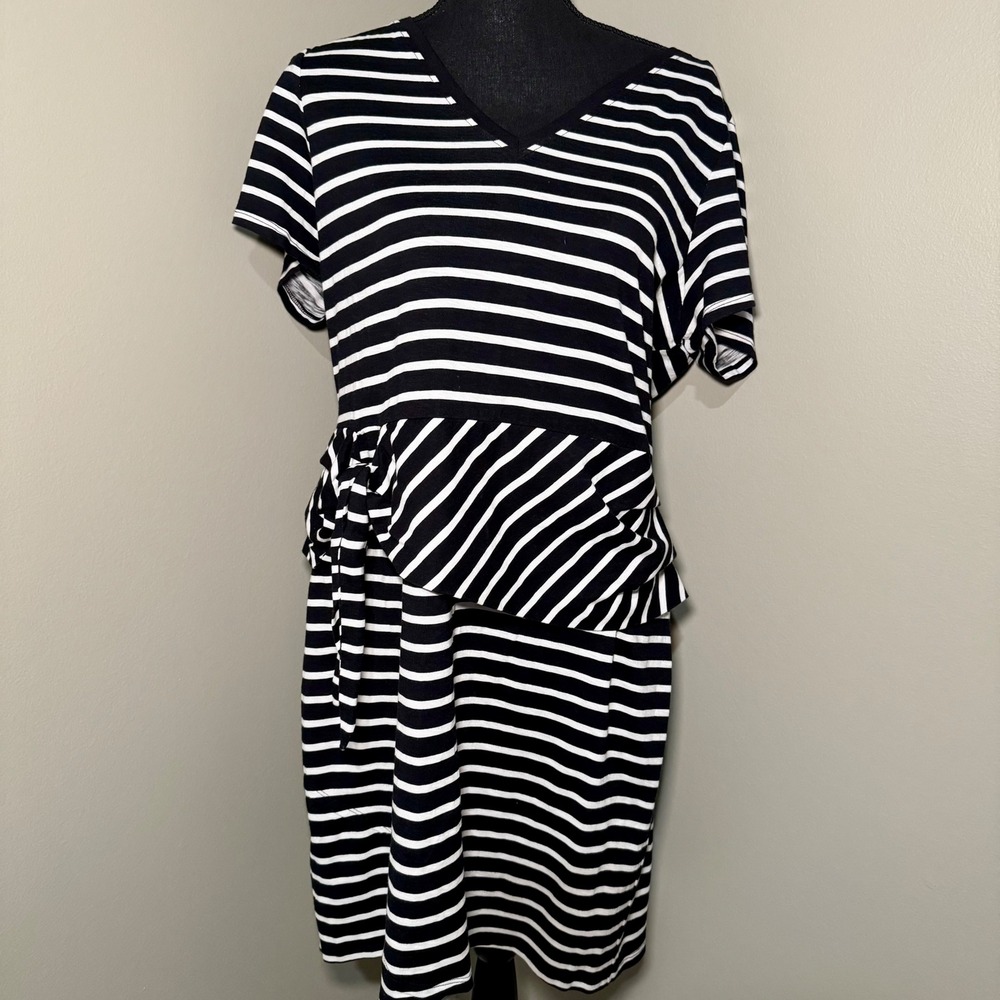 Tommy Bahama Black White Striped V-Neck Side Tie Knit Dress Large